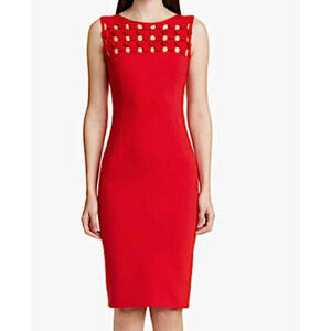 AKRIS Dot Appliqué Ponte Sheath Dress Punto Red Sheath Cocktail Dress 2 NWOT